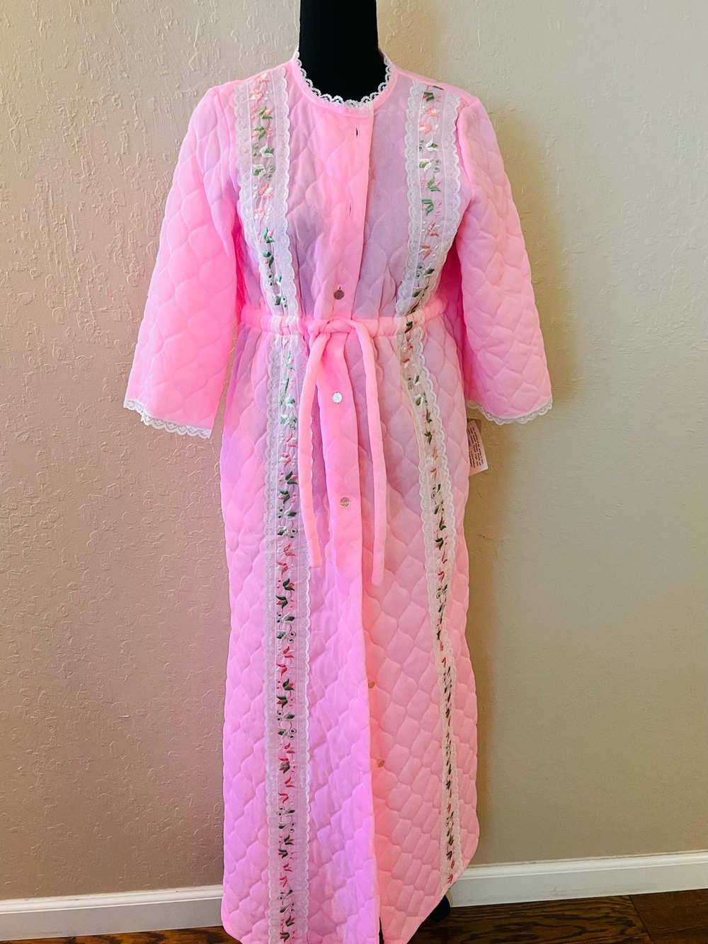 Vintage Girls' Quilted Pink Robe with Floral Trim